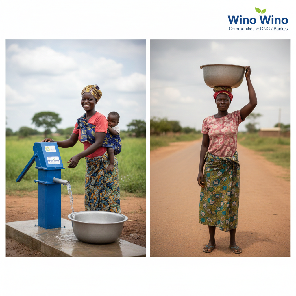 Femme et enfant bénéficiant d'un point d'eau Wino Wino — accès à l'eau potable ODD6