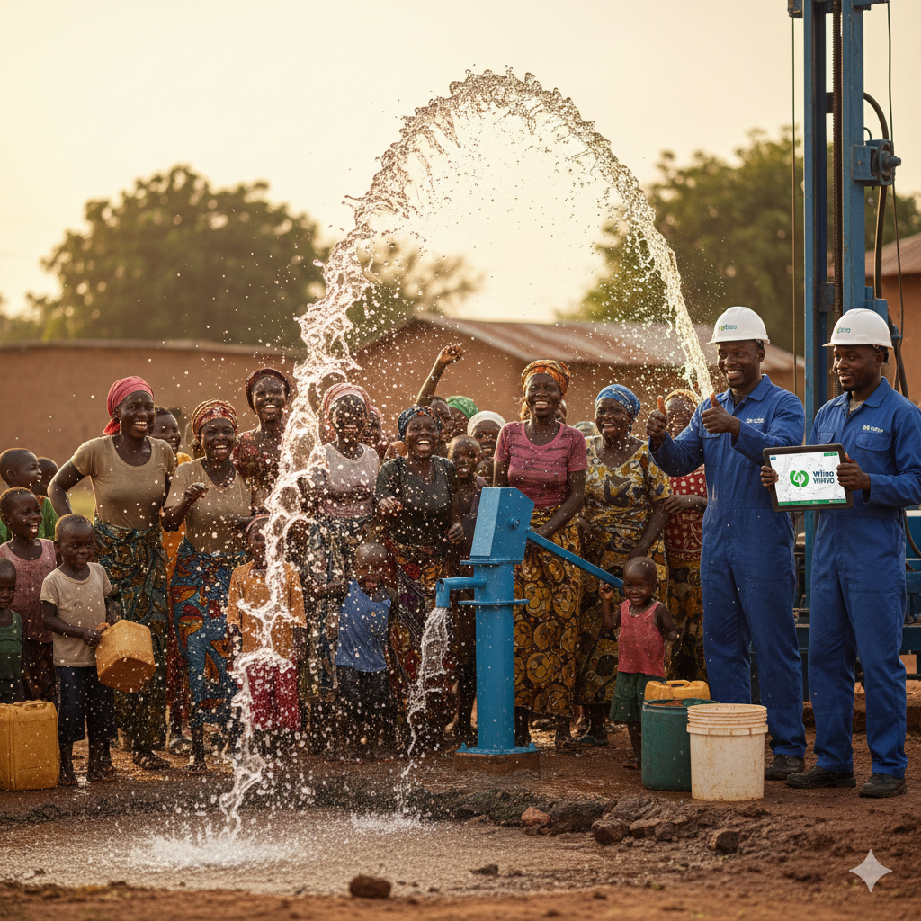 Foreurs en combinaison bleue célébrant avec la communauté villageoise l'arrivée de l'eau souterraine au Bénin
